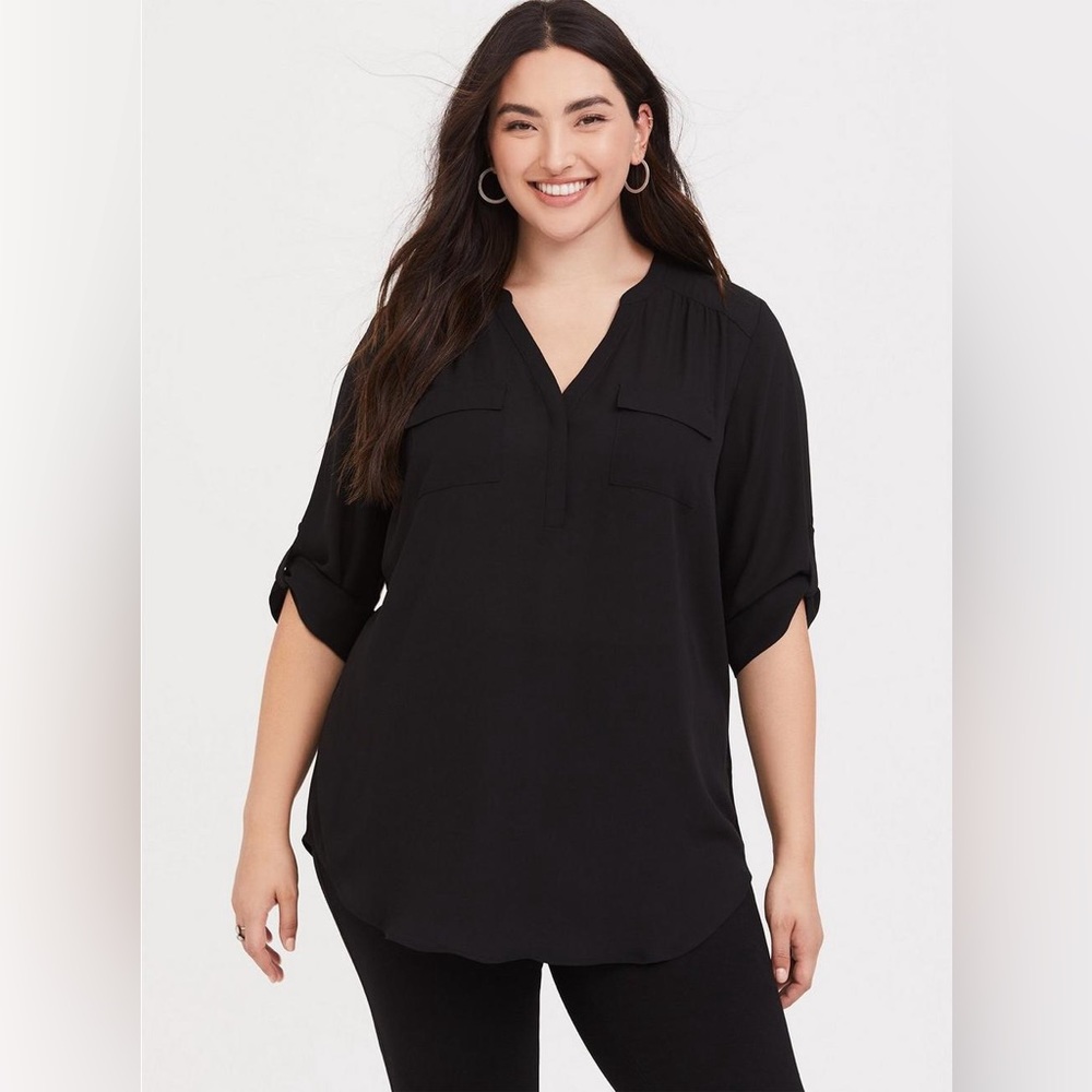 Torrid Harper Georgette Pullover 3/4 Sleeve Blouse in Black Size 00X